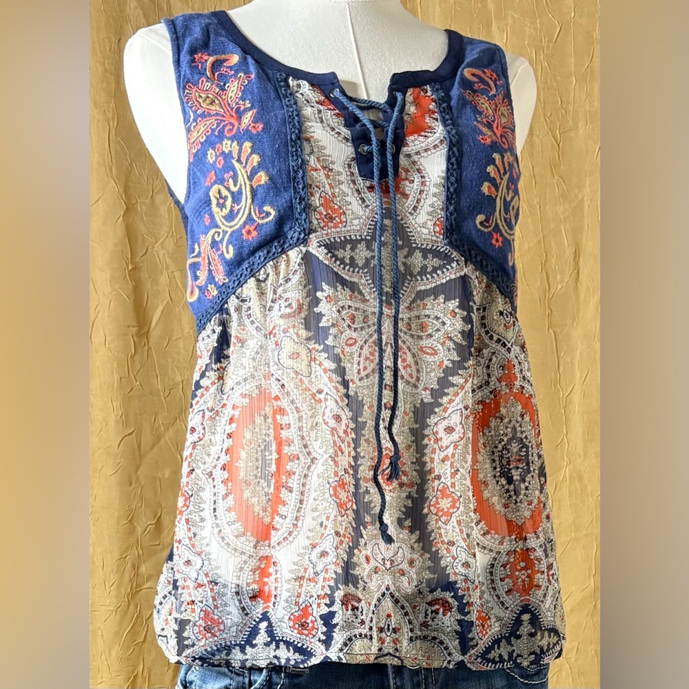 Miss Me Sleeveless Floral Embroidered Tie Up Front Blouse